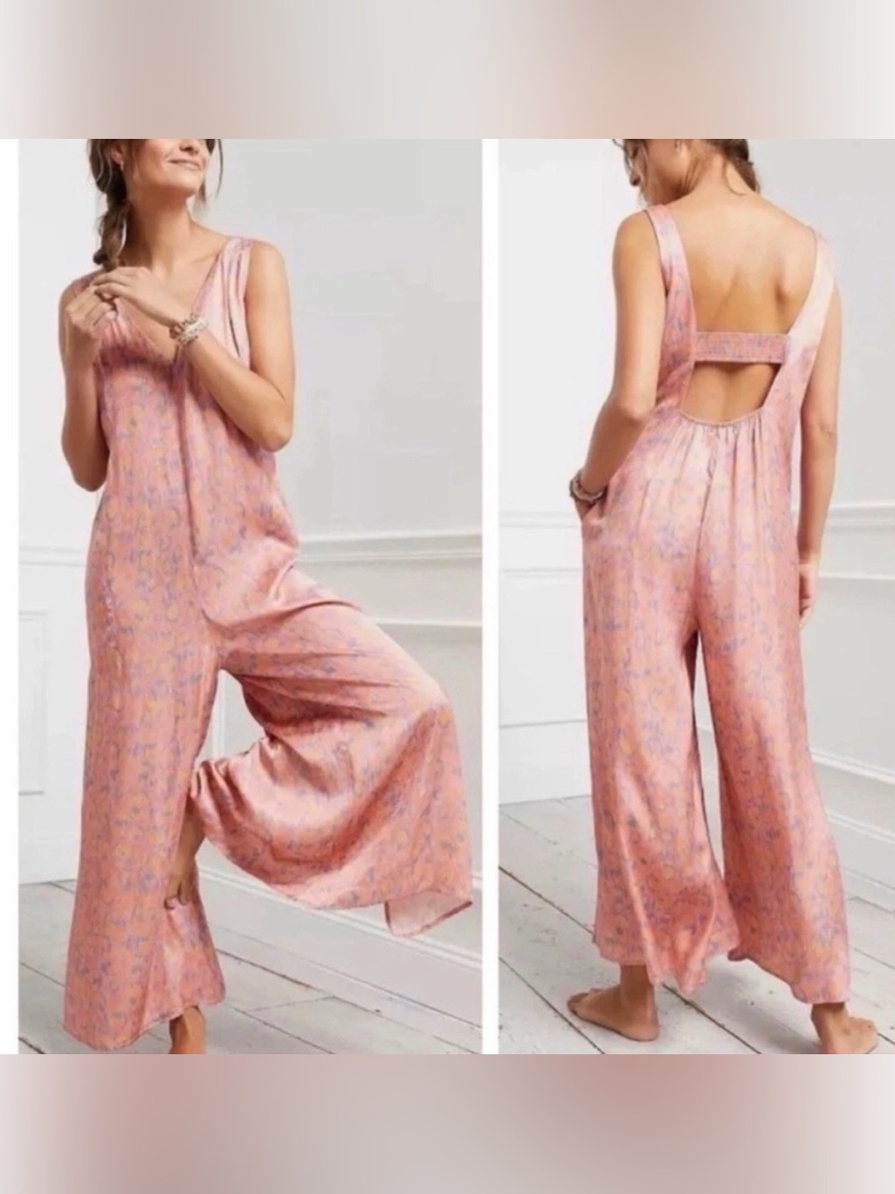 Anthropologie Boho Juniper Print Jumpsuit Pink size M Open Back Smocked Strap
